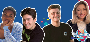 4 fröhliche junge Menschen und das ErasmusDays-Logo