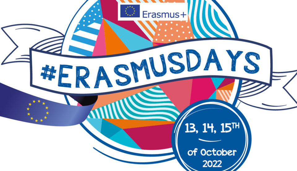 ErasmusDays Logo mit bunter abstrakter Weltkugel, #ERASMUSDAYS und Datum am 13., 14. 15. Oktober 2022