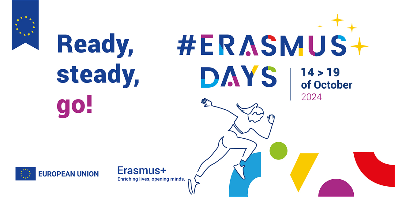 Headerbild mit Grafik und Text &quot;Ready, steady, go!&quot; zu den #ErasmusDays vom 14. bis 19. Oktober 2024
