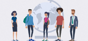 Ausschnitt aus dem Erasmus+ Erklärvideo. Es sind gezeichnete Studierende und Dozenten vor einem Globus zu sehen.