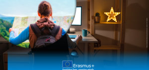 Entwicklung einer jungen Frau vom Erasmus+ Abenteuer mit Karte, Rucksack und einer Landkarte zum guten Job.