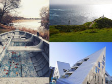 Collage der Gewinnerfotos Boot in Irland, Reinga in Neuseeland, Aarhus