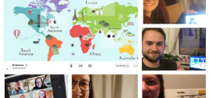 Digitales Spielbrett: Weltkarte in fröhlicher Runde von Studierenden und LEI-Mitgliedern