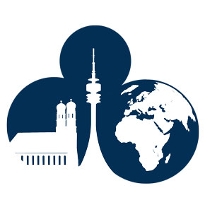 Logo International Club München mit Frauenkirche, Fernsehturm und Globus