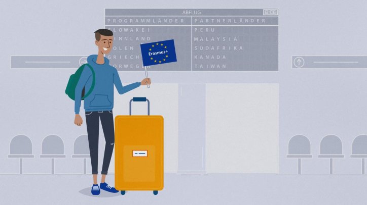 Auf der animierten Abbildung ist ein Student mit Europa-Flagge in der Hand an einem Flughafen auf dem Weg in sein Erasmus+ Auslandssemester zu sehen. Neben ihm steht sein Koffer.