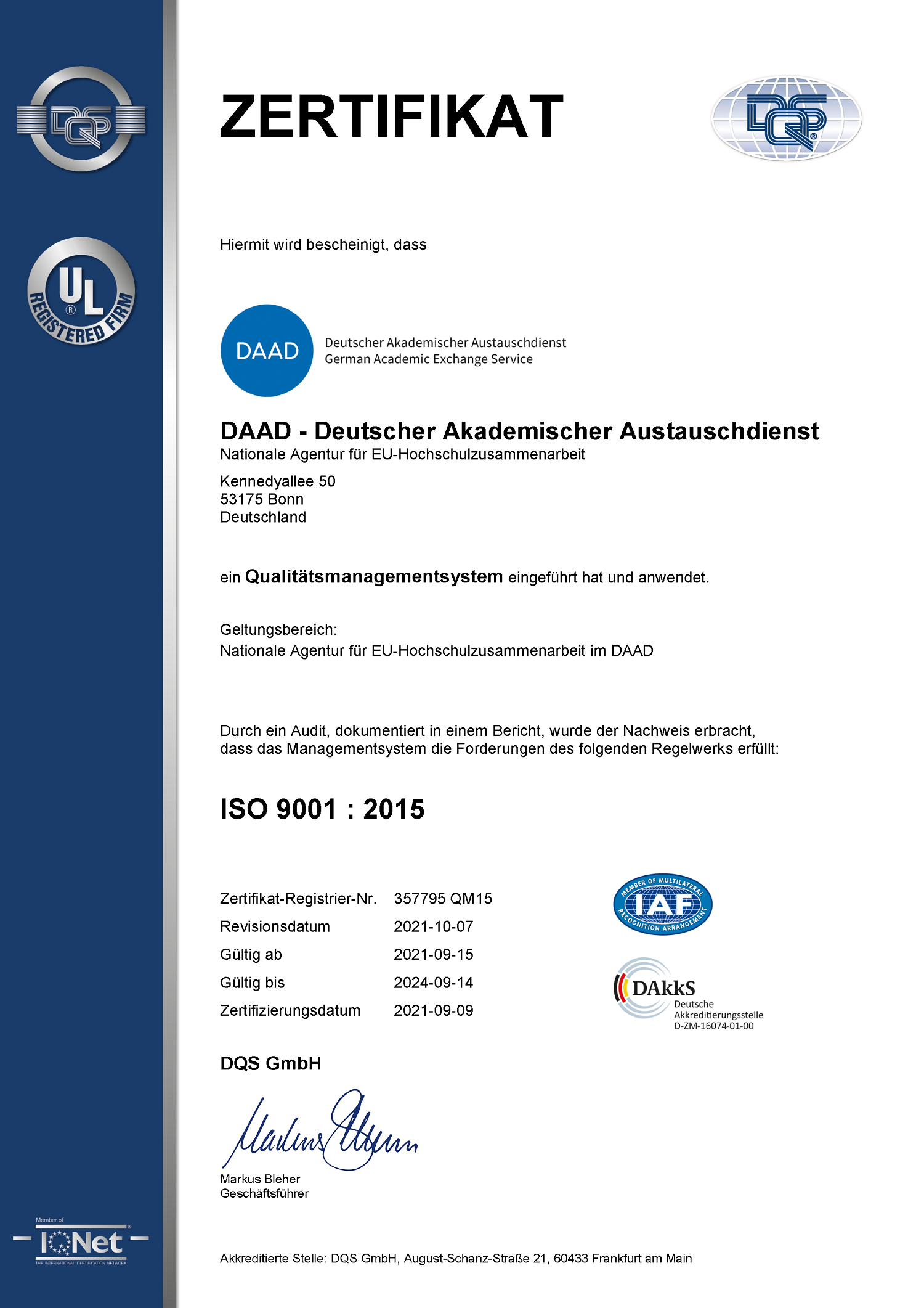 Bild des ISO Zertifikates.
